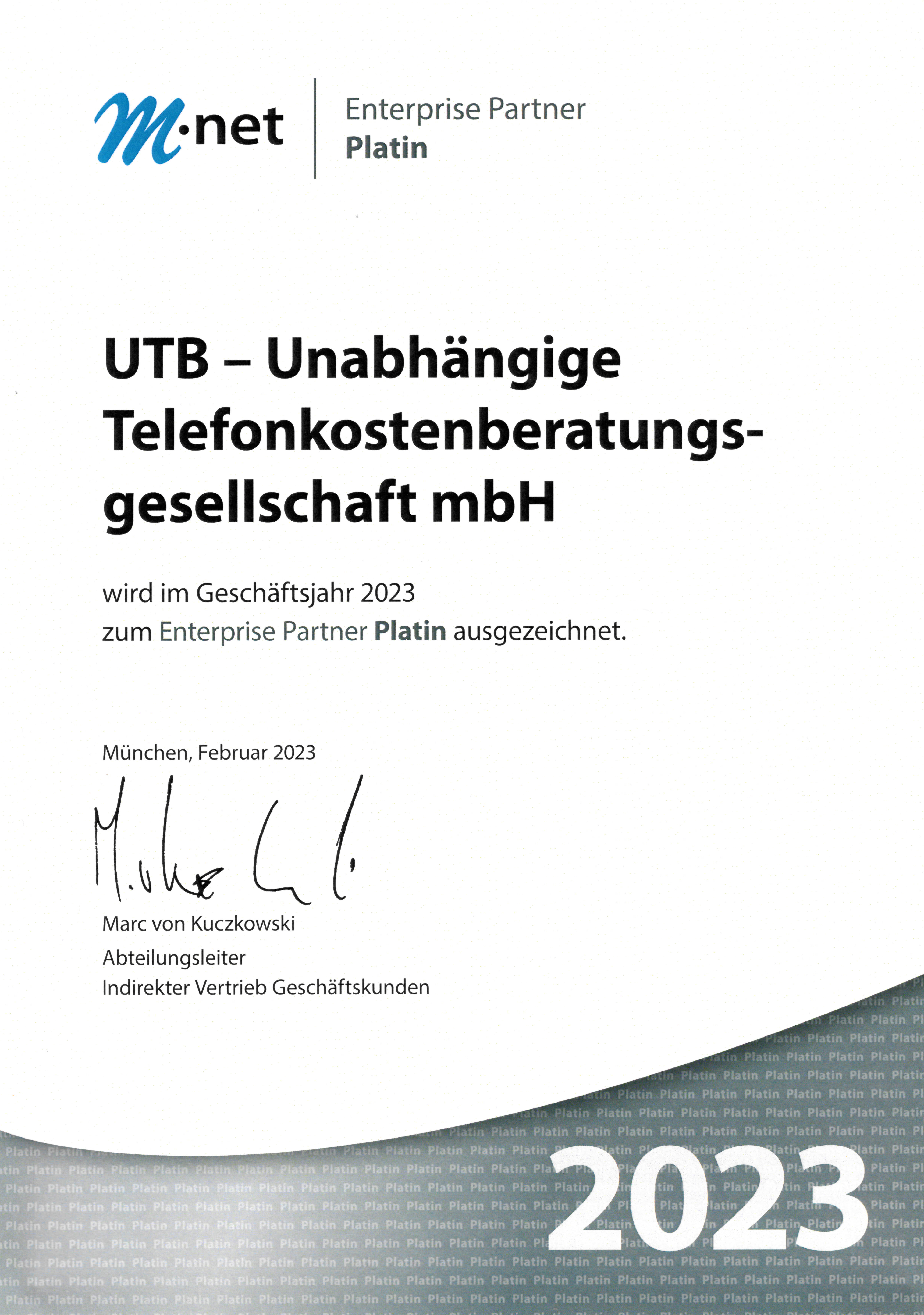 Mnet Enterprise Partner Platin 2023 für die UTB GmbH
