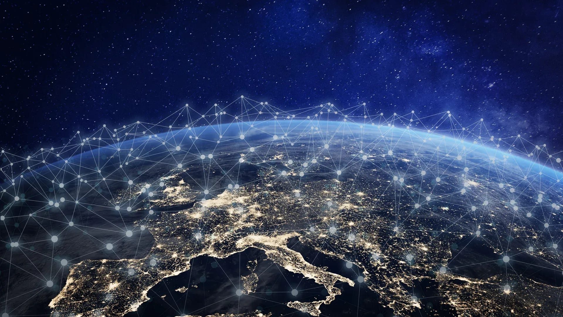 Die Erde aus dem All mit einem Netz aus Verbindungslinien über Europa